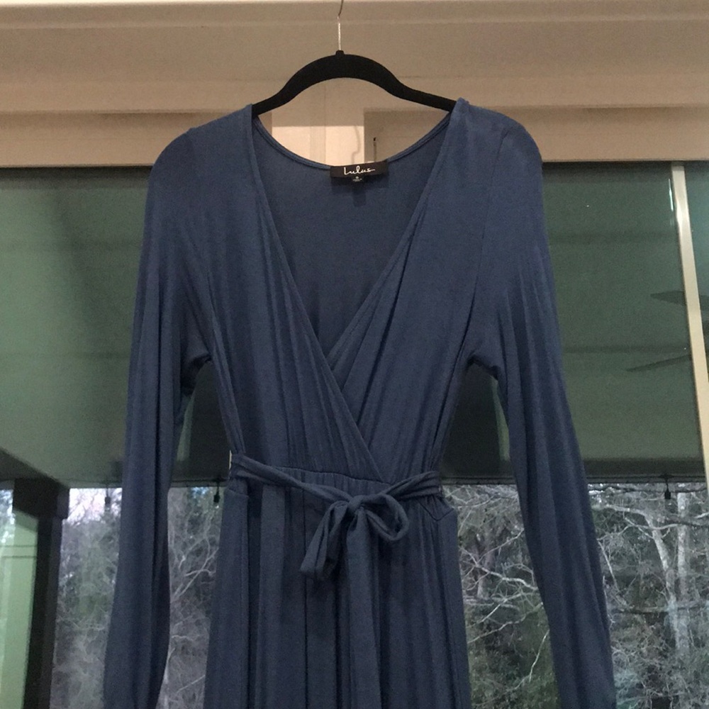 Lulus Blue maxi feaux wrap dress with waist tie